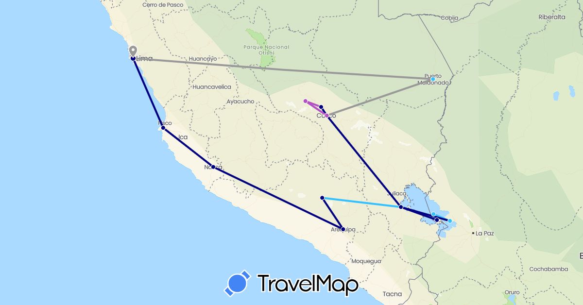 TravelMap itinerary: driving, plane, train, boat in Bolivia, Peru (South America)